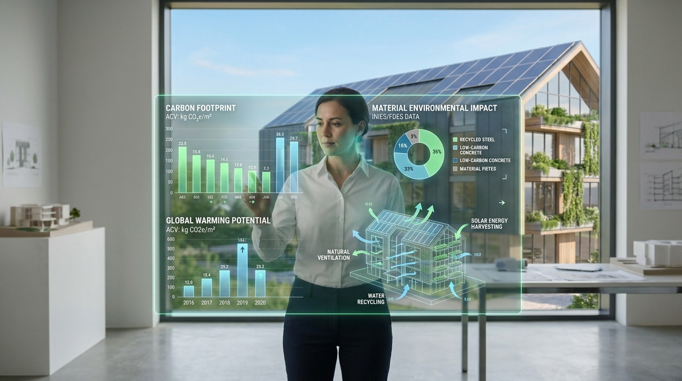 Une architecte analyse des données environnementales holographiques sur la construction durable et la RE2020.