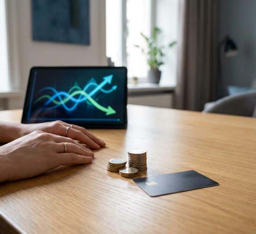 Mains sur une table avec des pièces, une carte bancaire et une tablette affichant des graphiques financiers.