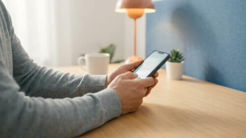 Une personne utilisant un smartphone sur un bureau en bois pour contacter sa banque.
