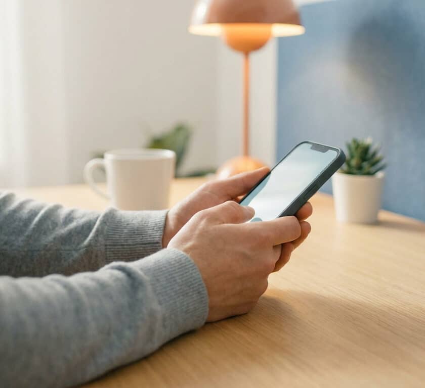 Une personne utilisant un smartphone sur un bureau en bois pour contacter sa banque.