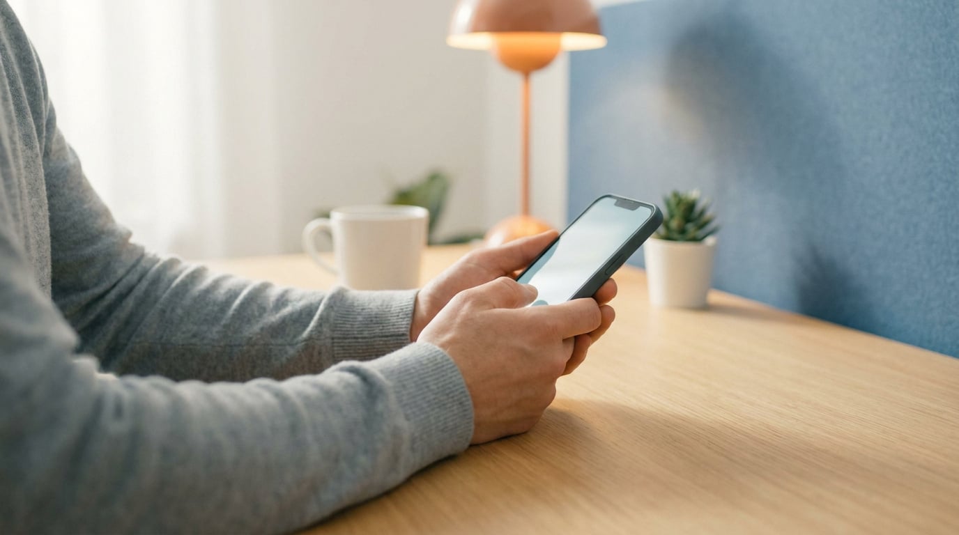 Une personne utilisant un smartphone sur un bureau en bois pour contacter sa banque.