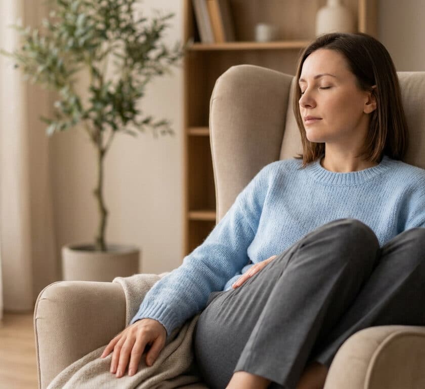 Une femme se repose les yeux fermés dans un fauteuil confortable, symbolisant le repos face à la fatigue chronique.