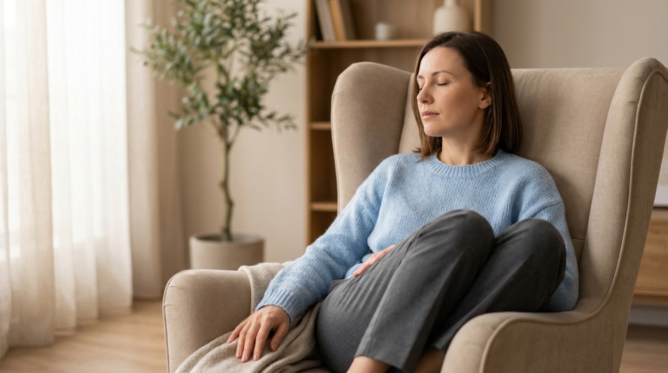 Une femme se repose les yeux fermés dans un fauteuil confortable, symbolisant le repos face à la fatigue chronique.