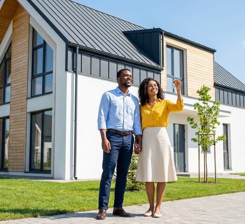 Un couple souriant se tient devant sa nouvelle maison moderne, la femme tenant fièrement les clés.