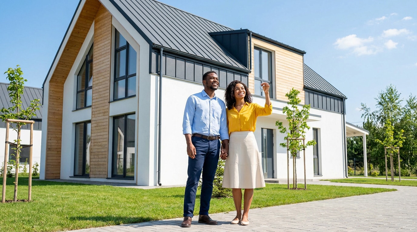 Un couple souriant se tient devant sa nouvelle maison moderne, la femme tenant fièrement les clés.