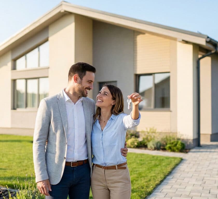 Un jeune couple heureux devant leur nouvelle maison moderne, tenant les clés de leur premier achat immobilier.