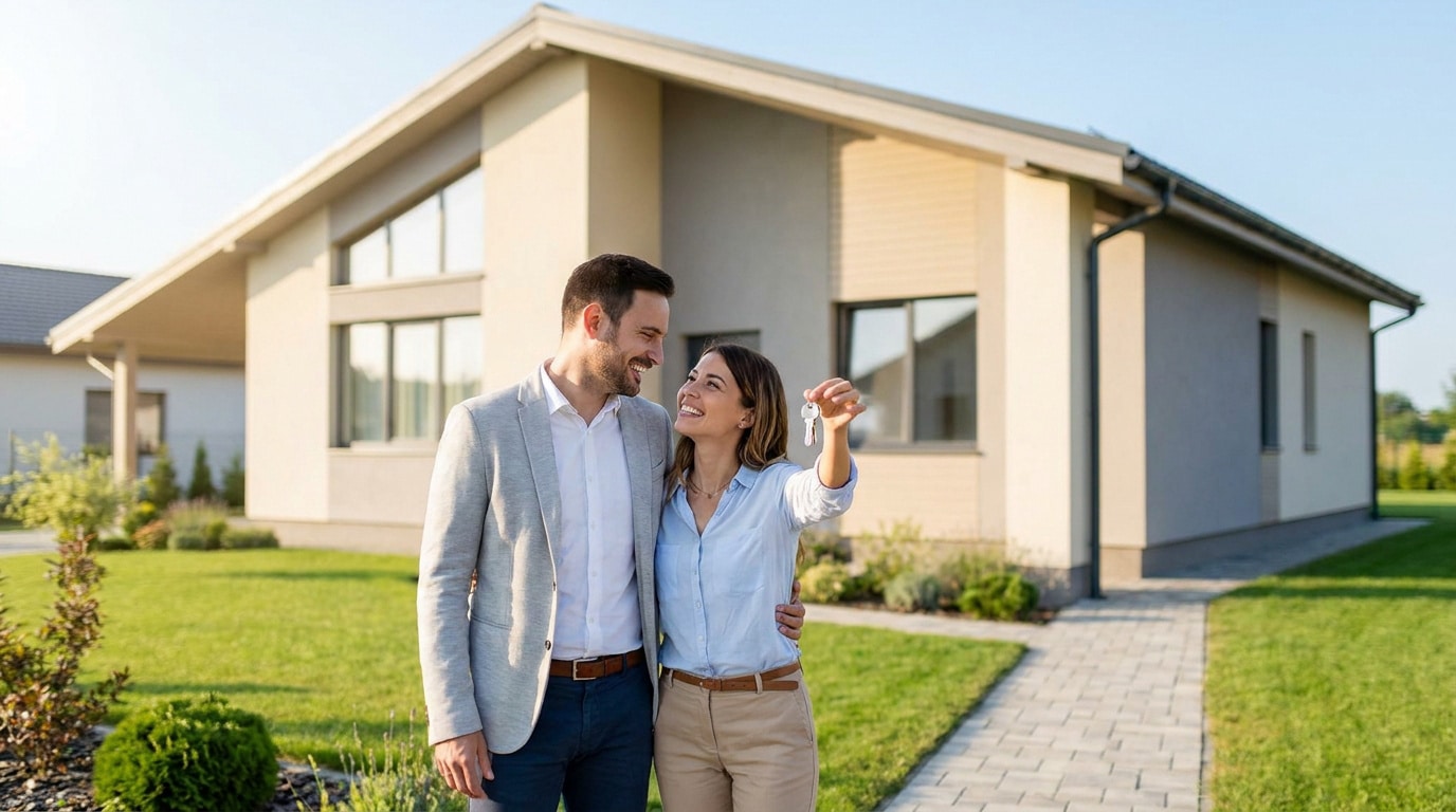 Un jeune couple heureux devant leur nouvelle maison moderne, tenant les clés de leur premier achat immobilier.