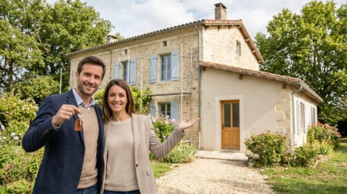 Un couple souriant devant leur maison ancienne en rénovation, l'homme tient les clés de la propriété.