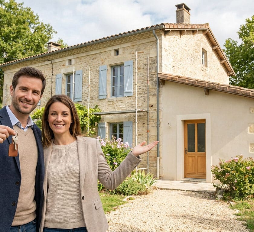 Un couple souriant devant leur maison ancienne en rénovation, l'homme tient les clés de la propriété.
