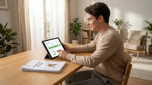 Un jeune homme vérifie son ratio de solvabilité sur une tablette pour un dossier de location.