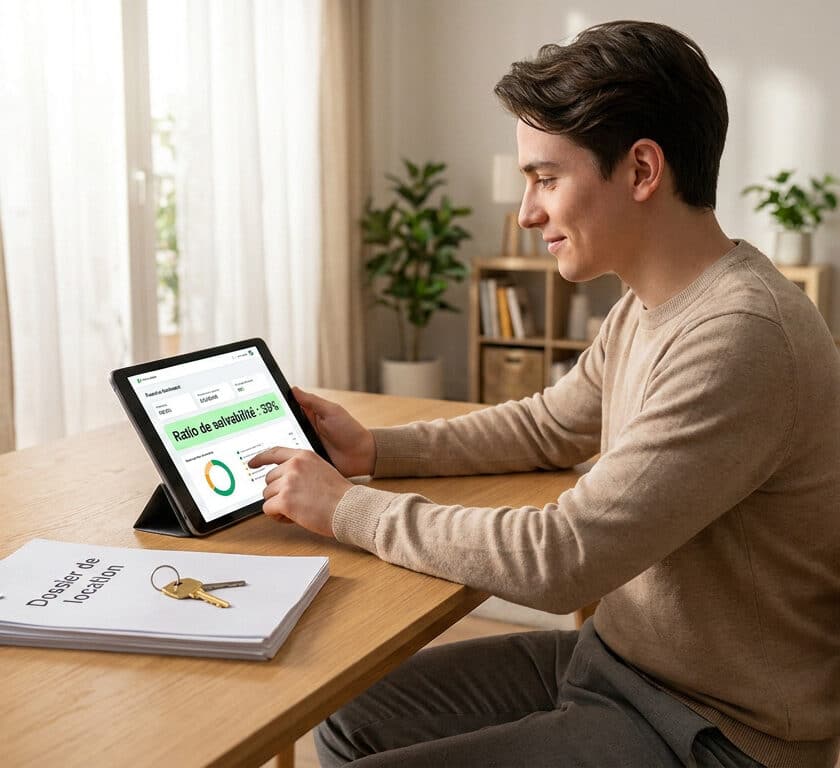 Un jeune homme vérifie son ratio de solvabilité sur une tablette pour un dossier de location.
