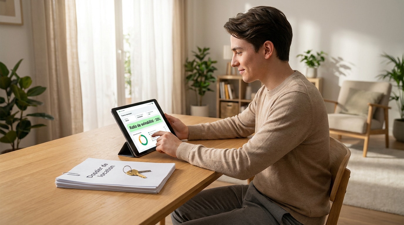 Un jeune homme vérifie son ratio de solvabilité sur une tablette pour un dossier de location.