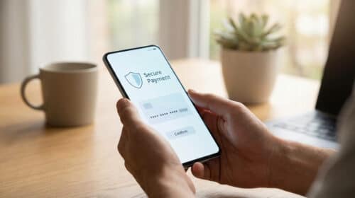 Mains tenant un smartphone affichant une interface de paiement sécurisé avec un bouton de confirmation.