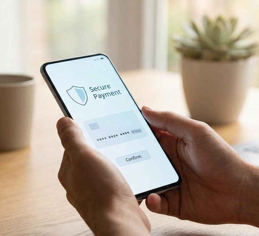 Mains tenant un smartphone affichant une interface de paiement sécurisé avec un bouton de confirmation.