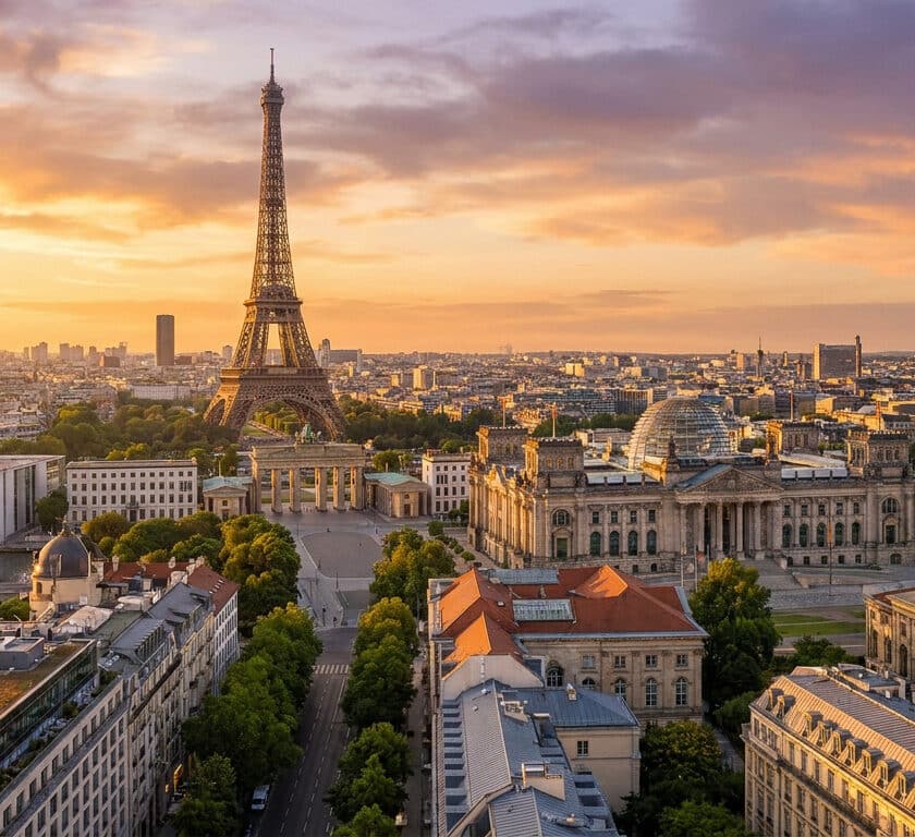 Vue panoramique imaginaire fusionnant la tour Eiffel de Paris et la porte de Brandebourg de Berlin au coucher du soleil.