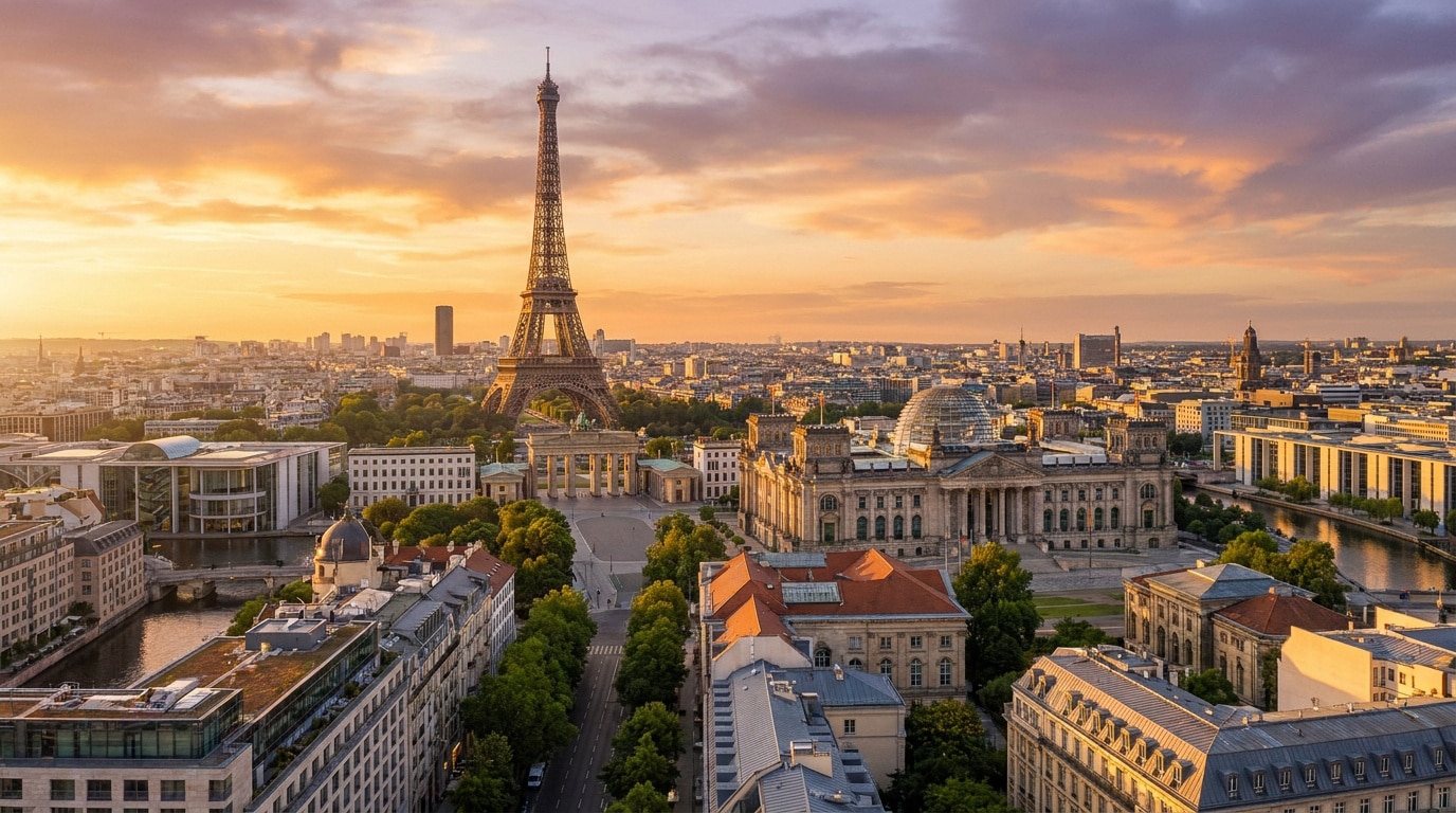 Vue panoramique imaginaire fusionnant la tour Eiffel de Paris et la porte de Brandebourg de Berlin au coucher du soleil.