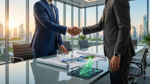 Deux professionnels en costume se serrent la main au-dessus d'une table de réunion avec des plans et un graphique numérique.