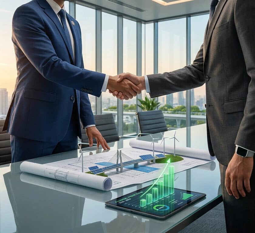 Deux professionnels en costume se serrent la main au-dessus d'une table de réunion avec des plans et un graphique numérique.