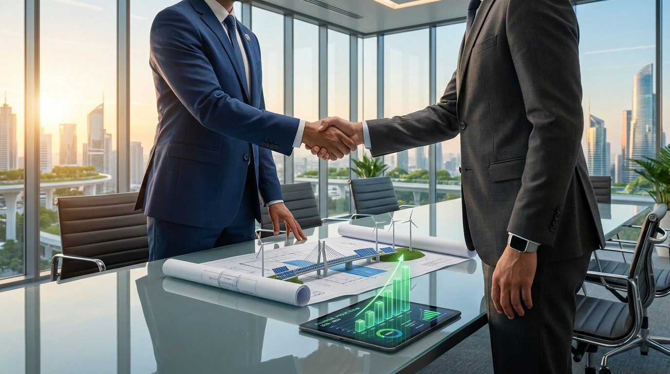 Deux professionnels en costume se serrent la main au-dessus d'une table de réunion avec des plans et un graphique numérique.