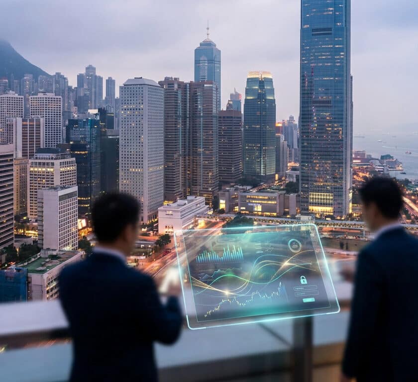 Deux professionnels analysent des données financières sur un écran holographique avec la skyline de Hong Kong en arrière-plan.