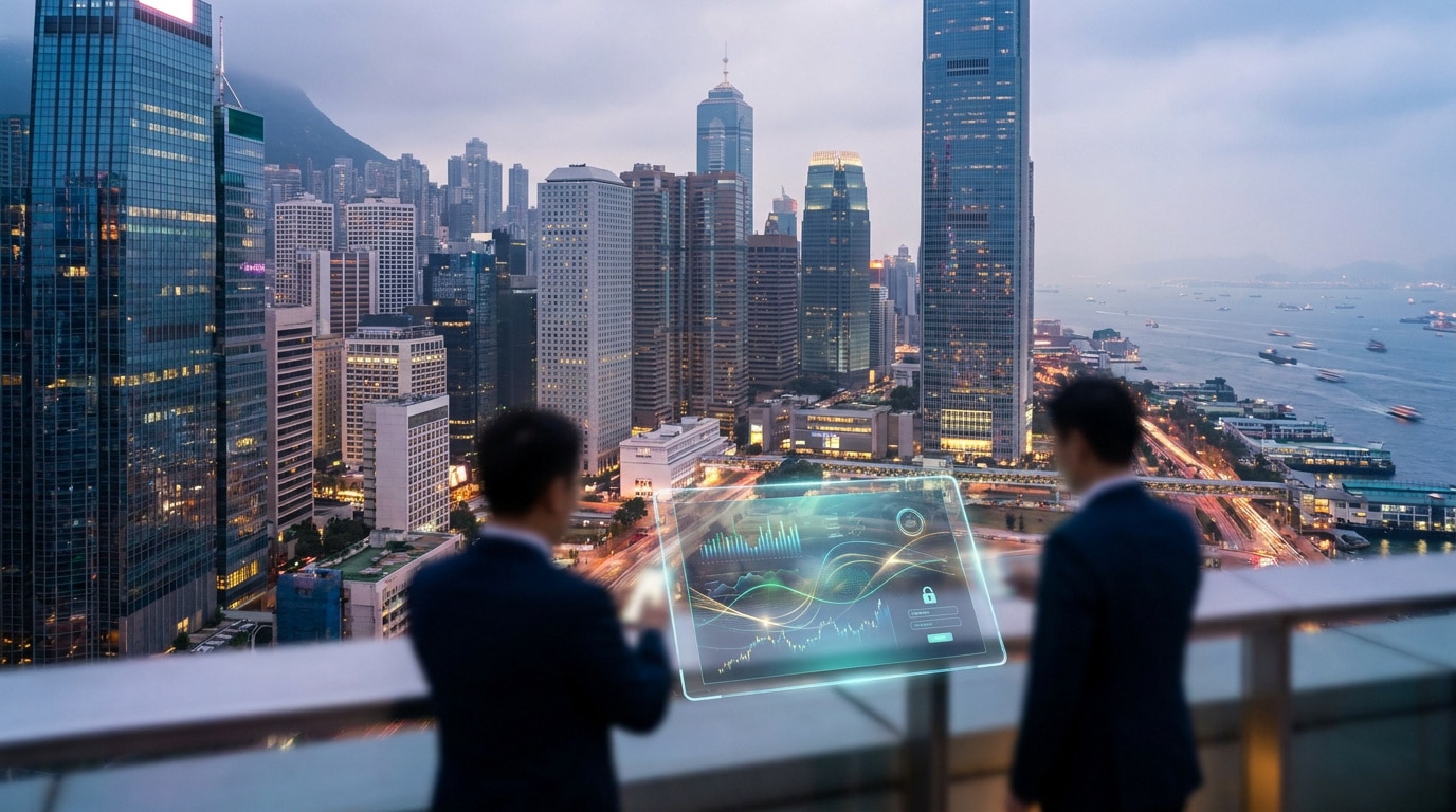 Deux professionnels analysent des données financières sur un écran holographique avec la skyline de Hong Kong en arrière-plan.