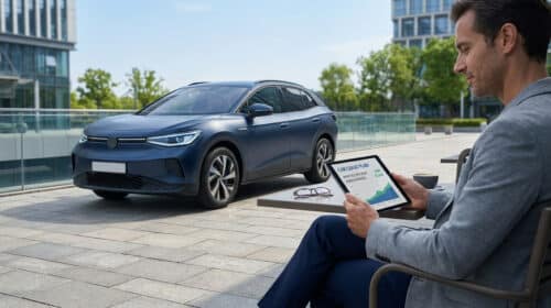 Un homme d'affaires consulte un plan de leasing automobile sur sa tablette devant une voiture électrique moderne.