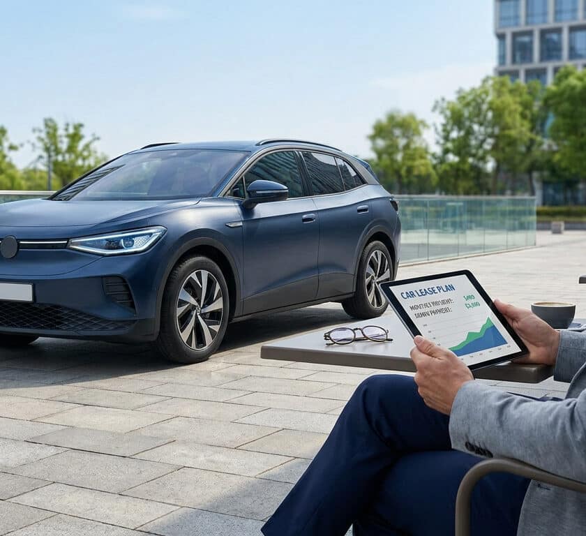 Un homme d'affaires consulte un plan de leasing automobile sur sa tablette devant une voiture électrique moderne.