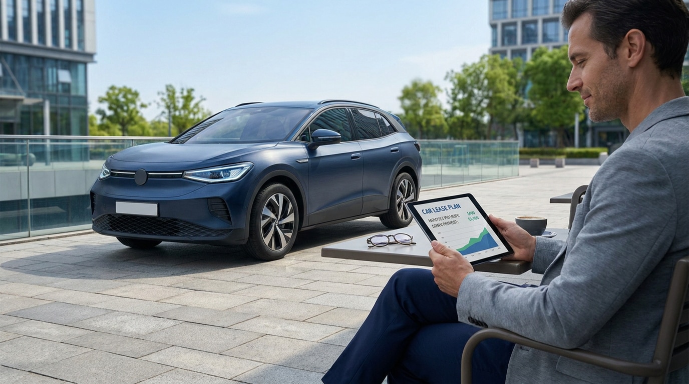 Un homme d'affaires consulte un plan de leasing automobile sur sa tablette devant une voiture électrique moderne.