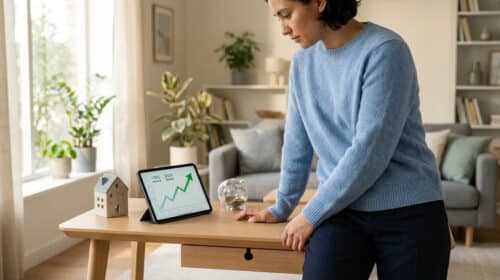 Une femme consulte la croissance de son épargne sur une tablette à côté d'une tirelire et d'une figurine de maison.