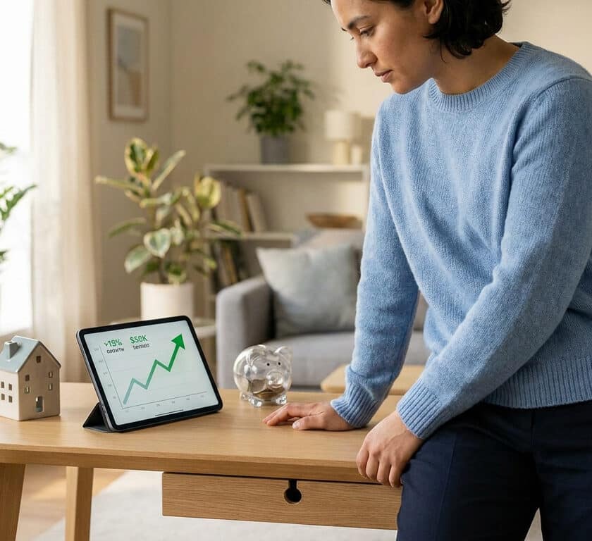 Une femme consulte la croissance de son épargne sur une tablette à côté d'une tirelire et d'une figurine de maison.