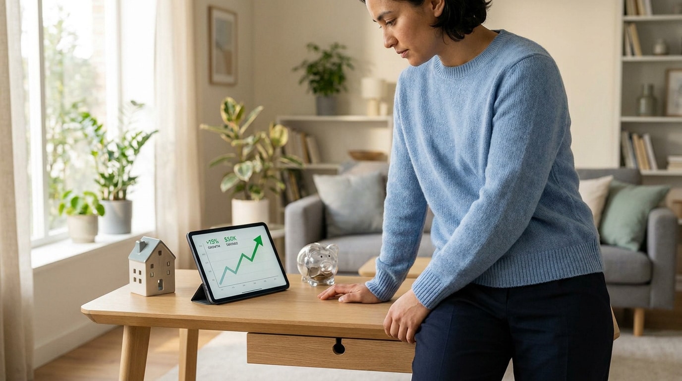 Une femme consulte la croissance de son épargne sur une tablette à côté d'une tirelire et d'une figurine de maison.
