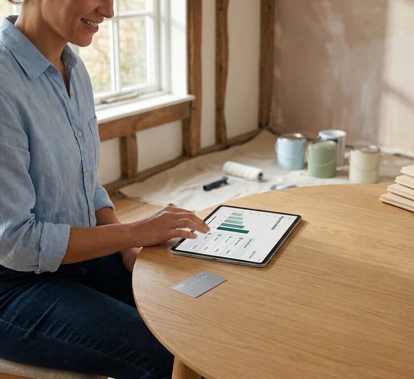 Une femme consulte ses finances sur une tablette dans une pièce en cours de rénovation avec des pots de peinture.