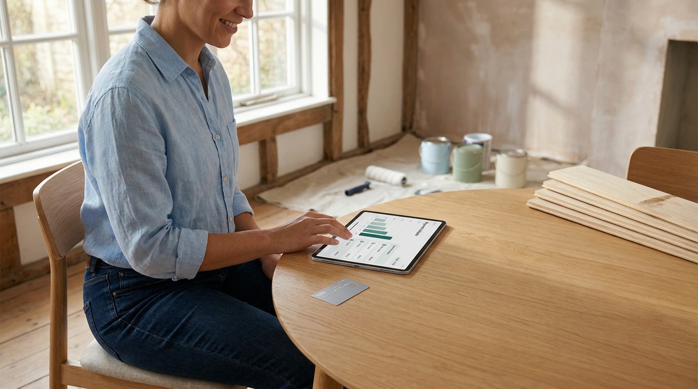 Une femme consulte ses finances sur une tablette dans une pièce en cours de rénovation avec des pots de peinture.