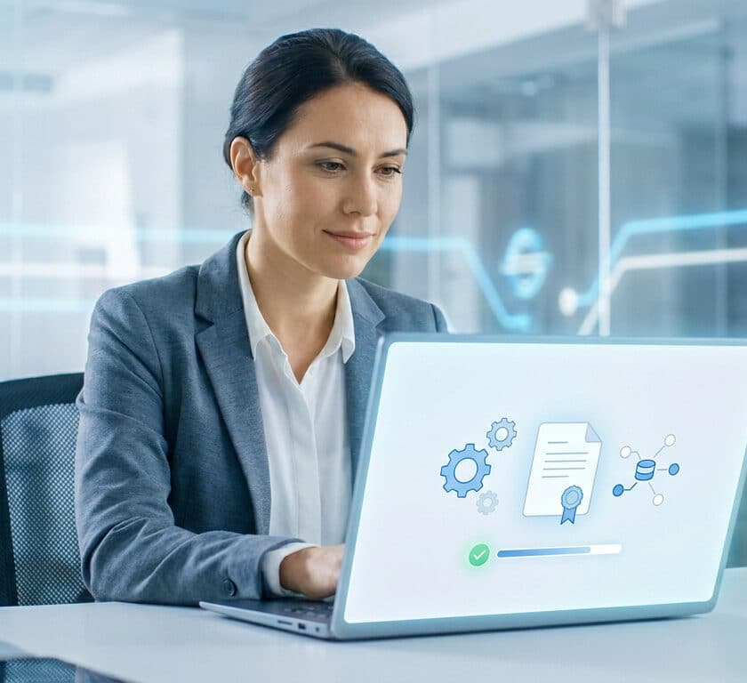 Une femme d'affaires souriante travaillant sur un ordinateur portable affichant des icônes de gestion numérique.