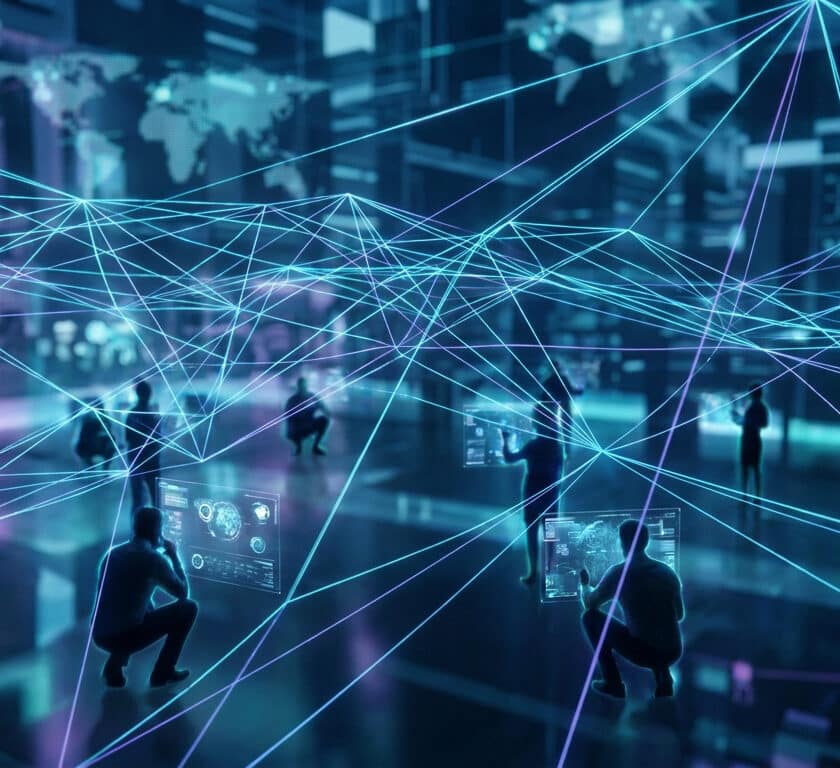 Personnes interagissant avec des écrans numériques connectés par des lignes lumineuses symbolisant un réseau peer-to-peer.