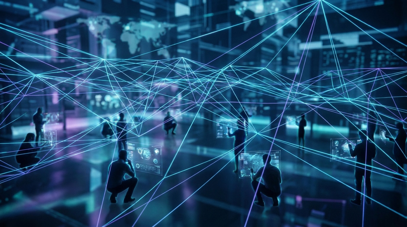 Personnes interagissant avec des écrans numériques connectés par des lignes lumineuses symbolisant un réseau peer-to-peer.