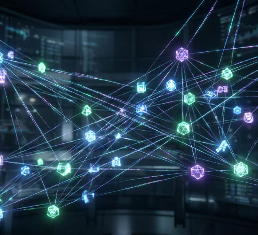 Représentation numérique d'un réseau décentralisé avec des nœuds lumineux interconnectés sur fond sombre.