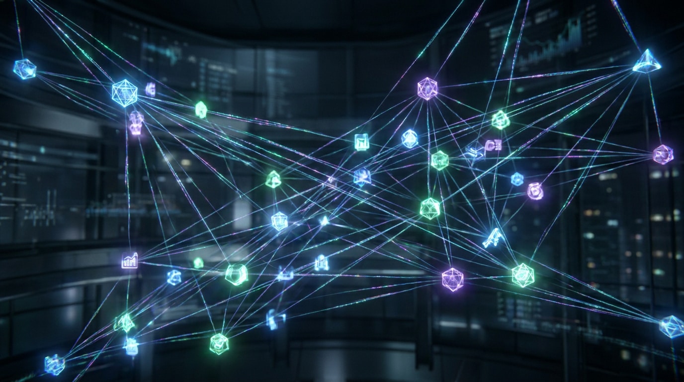 Représentation numérique d'un réseau décentralisé avec des nœuds lumineux interconnectés sur fond sombre.
