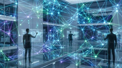 Personnes interagissant avec des réseaux numériques holographiques dans un bureau technologique moderne.