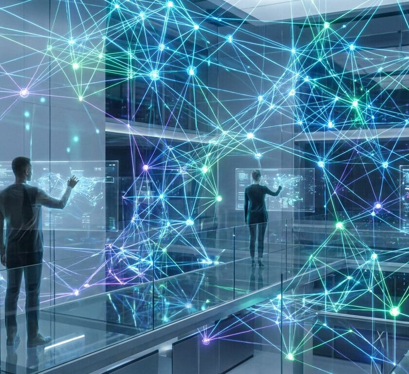 Personnes interagissant avec des réseaux numériques holographiques dans un bureau technologique moderne.