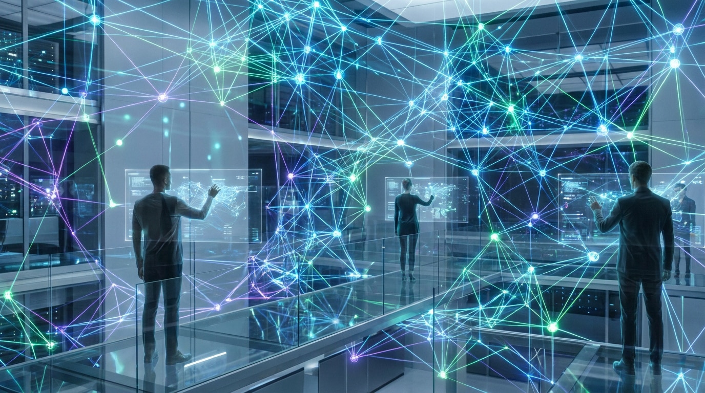Personnes interagissant avec des réseaux numériques holographiques dans un bureau technologique moderne.