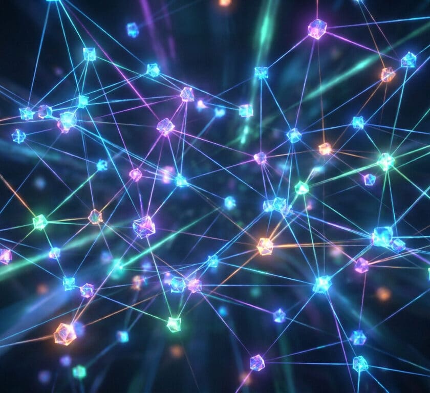 Illustration abstraite d'un réseau numérique interconnecté avec des nœuds lumineux colorés.