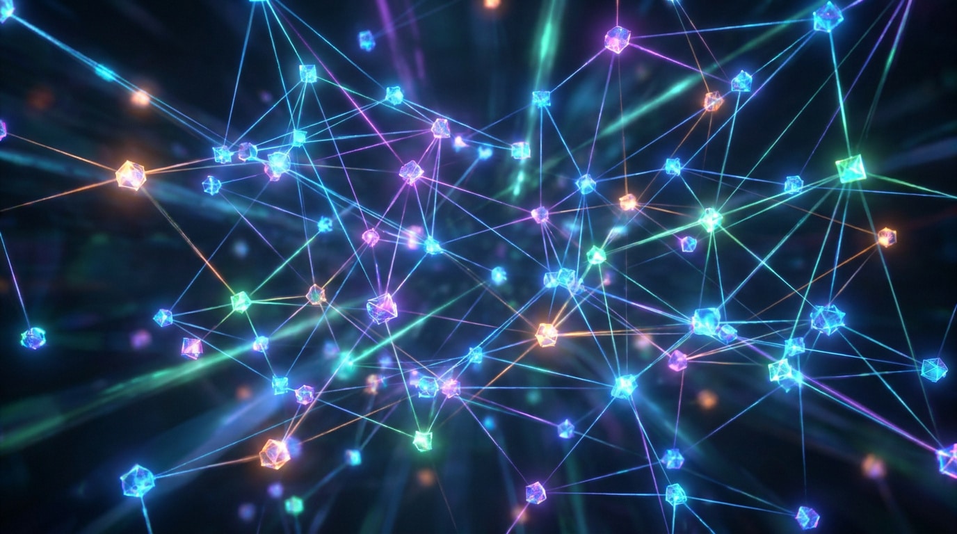 Illustration abstraite d'un réseau numérique interconnecté avec des nœuds lumineux colorés.