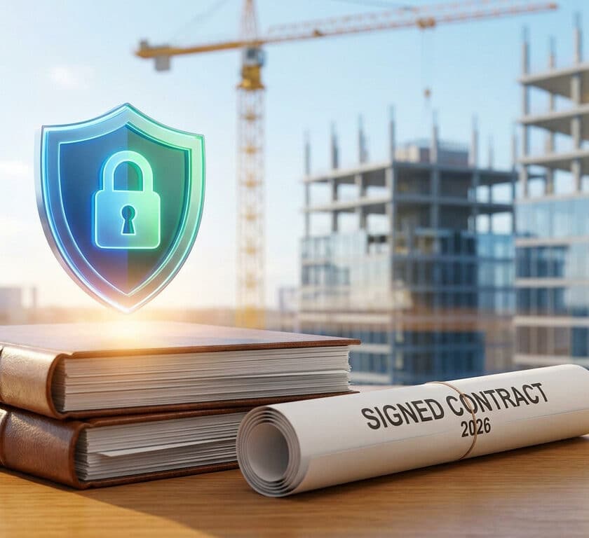 Icône de bouclier avec cadenas sur des documents et un contrat roulé devant un chantier de construction.