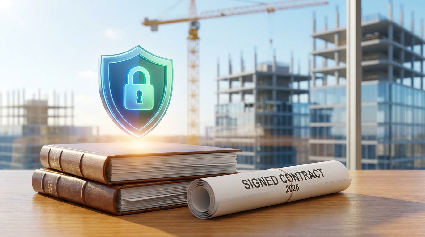 Icône de bouclier avec cadenas sur des documents et un contrat roulé devant un chantier de construction.