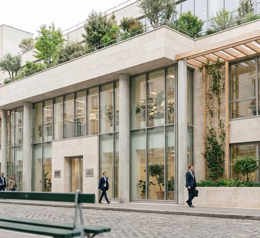 Façade moderne en pierre et verre de l'immeuble Capital 8 avec des treillis végétaux et des professionnels marchant devant.
