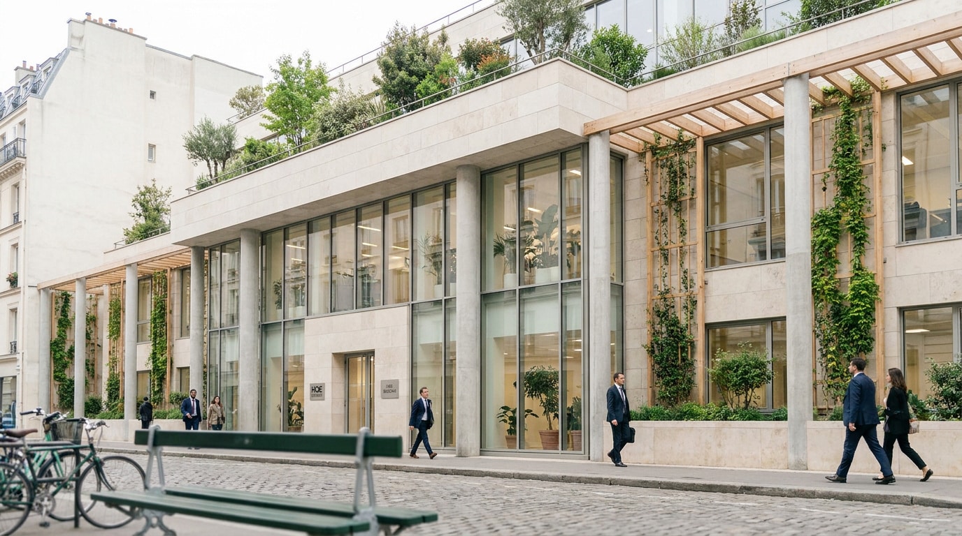 Façade moderne en pierre et verre de l'immeuble Capital 8 avec des treillis végétaux et des professionnels marchant devant.