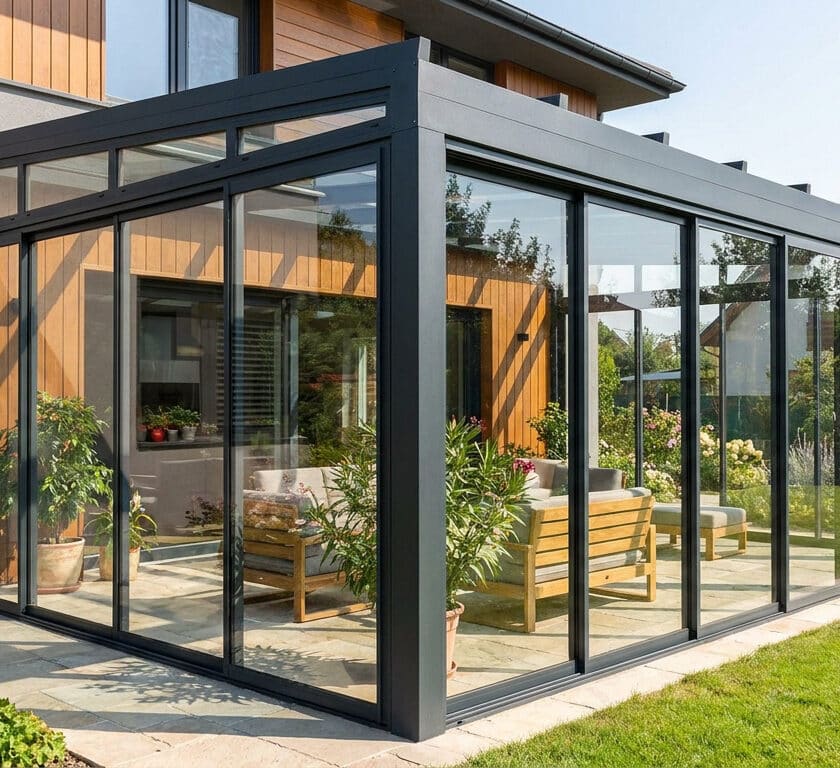 Véranda moderne avec structure anthracite et larges baies vitrées coulissantes donnant sur un jardin verdoyant.