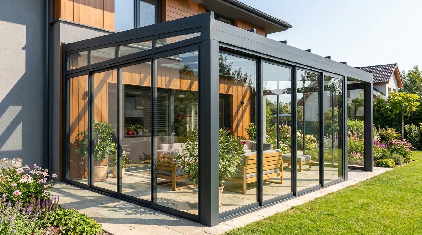 Véranda moderne avec structure anthracite et larges baies vitrées coulissantes donnant sur un jardin verdoyant.