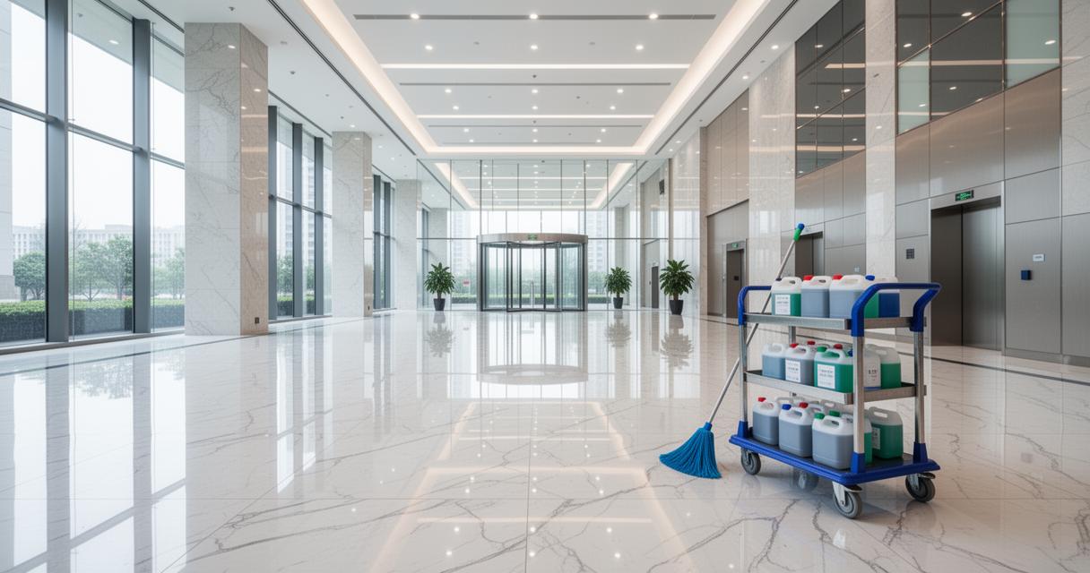 Chariot de produits d’entretien dans un hall professionnel